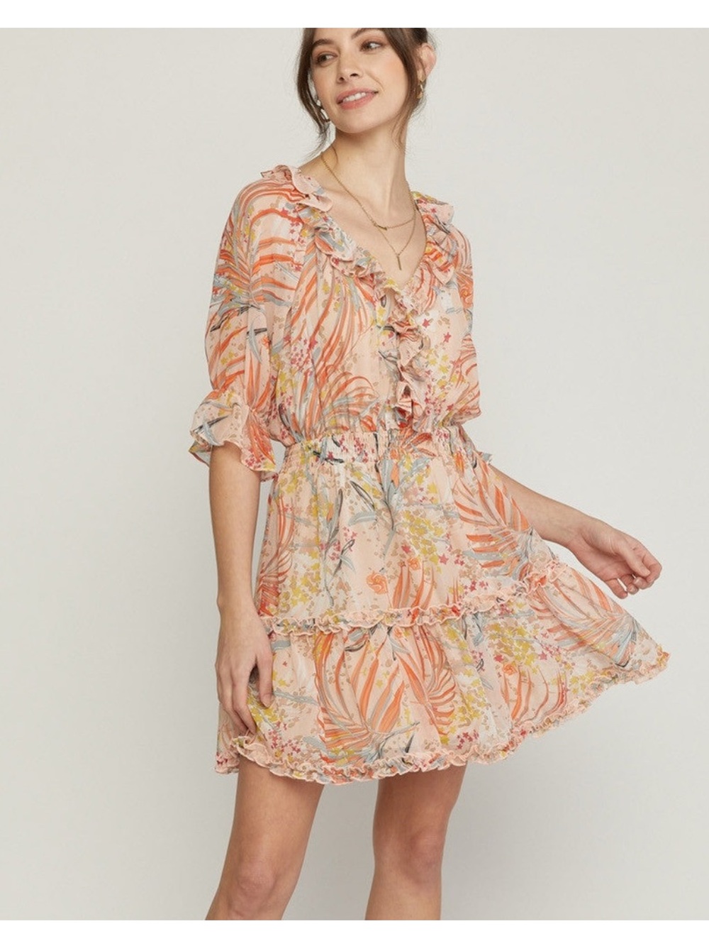 New Peach Floral Ruffle Tiered Mini Dress Quarter Sleeve